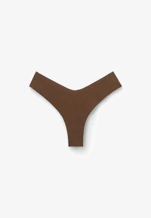 Brown thong underwear with a V-shaped waistline and smooth texture, designed for a minimalist style with no visible patterns or hardware.