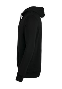 Black hoodie made of soft fabric, featuring a front pocket, drawstring hood, and ribbed cuffs. Smooth texture and fitted design.