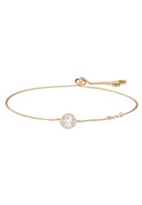 Pulsera de cadena de oro con una piedra central clara redonda rodeada de pequeños cristales claros, con longitud ajustable y cierre de broche.