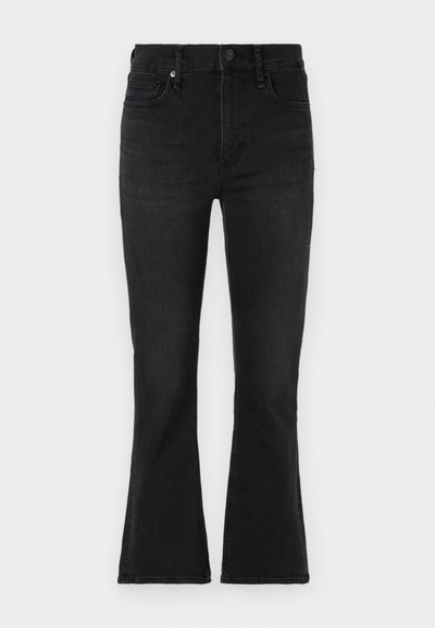 Jeanși negri evazați cu talie înaltă, din denim. Au închidere cu buton și un design cu cinci buzunare, cu o decolorare subtilă.