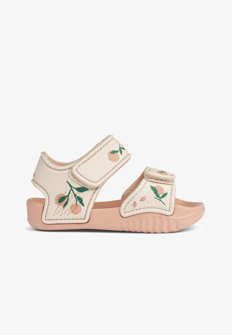 Beige sandals with floral peach and green designs. Features two adjustable Velcro straps and a ridged pink rubber sole.