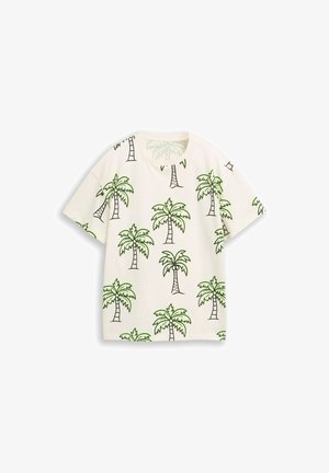 Tricou alb cu mânecă scurtă, cu un model repetat de palmieri conturați în verde și negru.