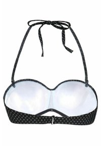 Zwarte bikinitop met een wit stippenpatroon, gevoerde cups, verstelbare strikbandjes en een haaksluiting. Glad afgewerkt met een gestructureerde vorm.