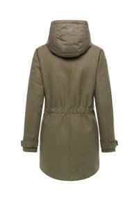 Olive green coat with a textured fabric, padded hood, adjustable waist, and rolled cuffs. Back view shows clean lines and a tailored silhouette.
