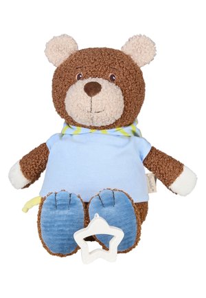 Brown teddy bear plush wearing a blue shirt and scarf, holding a white star-shaped teething toy between its blue feet.
