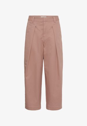 Kõrge vöökohaga, laia säärega lühendatud püksid tuhkpunas, küljetaskute ja voldikatega esiotsa vöökohal.