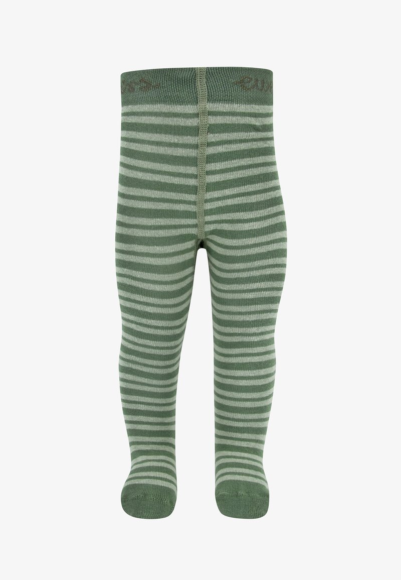 Collants rayés verts avec des rayures alternativement claires et foncées, réalisés en tissu doux avec une taille confortable et une couverture complète des pieds.