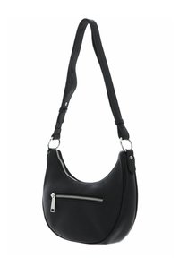 Sac à épaule en cuir noir de forme incurvée, avec une bandoulière réglable, une poche zippée à l'avant et des accents en métal argenté. Texture lisse.