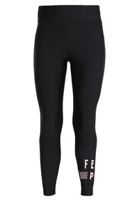 Musta legginsit, joissa on tiukka muotoilu, mukana pinkki "FEEL" -teksti ja pistemäinen kuvio alaosassa, sopii urheiluvaatteeksi.