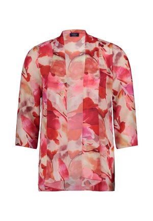Sheer floral open-front cardigan in shades of red, pink, and orange with three-quarter sleeves and a lightweight, flowy fit.