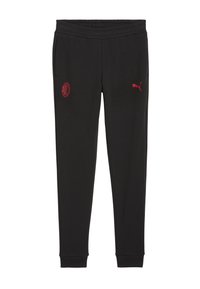 Schwarze Jogginghosen mit einem gerippten Bund, versehen mit dem roten Puma-Logo und dem AC Milan-Emblem an den Seiten. Weicher, glatter Stoff mit schmal zulaufenden Beinen.