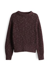 Schwangerschafts-Rippenstrickpullover in dunklem Bordeaux mit weißen Sprenkeln, mit langen Ärmeln und rundem Halsausschnitt.