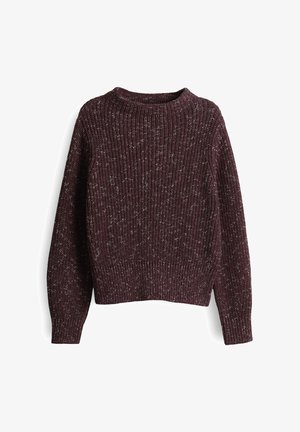 Chunky geribbelde gebreide trui in donker bordeaux met witte stippen, met lange mouwen en een ronde hals.