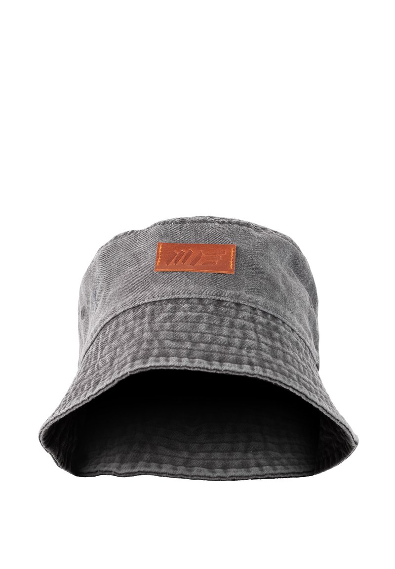 Gray cotton bucket hat with a textured surface, wide brim, and a rectangular brown leather patch on the front.