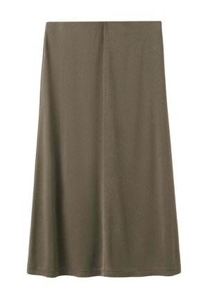 Spódnica midi w kształcie litery A w kolorze oliwkowej zieleni z detalem środkowego szwu i gładką fakturą tkaniny na białym tle.