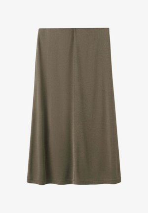 Maslinasto zelena midi suknja A kroja s detaljem središnjeg šava i glatkom teksturom tkanine na bijeloj podlozi.