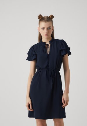 Navy blue dress with short ruffled sleeves, a keyhole neckline, drawstring waist, and smooth, textured fabric.