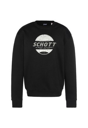 Schwarzer Sweatshirt mit Rundhalsausschnitt und langen Ärmeln. Mit einem silbernen grafischen Logo in der Mitte. Aus Baumwollmaterial gefertigt.