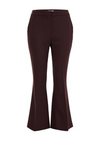 Pantalones acampanados marrones de una tela suave, con una cinturilla alta y bolsillos laterales, que presentan un aspecto limpio y ajustado.