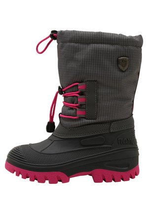 Black and gray insulated snow boot with a patterned upper, pink accents, adjustable lace system, and textured rubber sole.