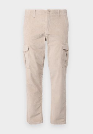 Beige corduroy cargo bukser med lige snit, der har sidelommer og en struktureret overflade. Knaplukning i taljen.