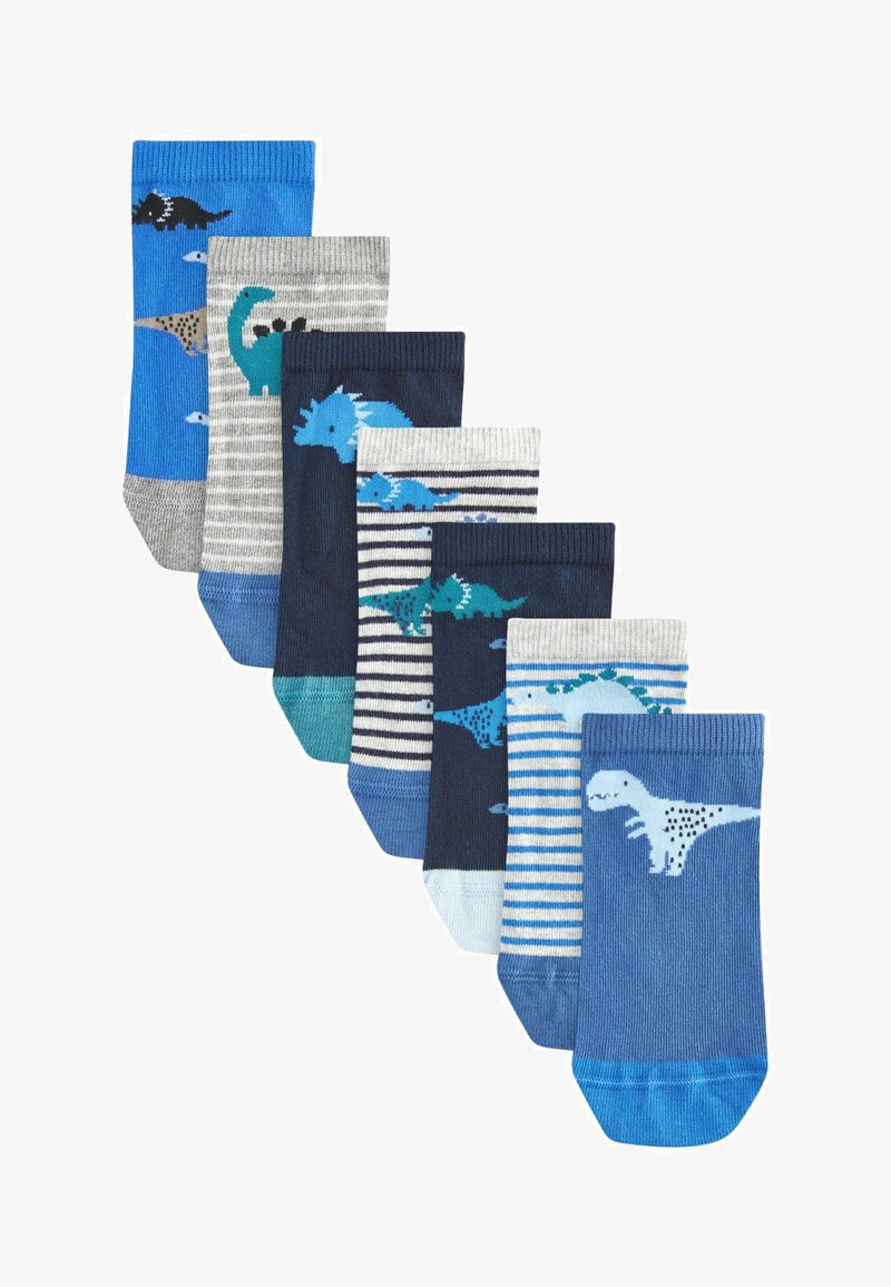 Siete pares de calcetines para niños con diversos diseños de dinosaurios en tonos de azul, gris y marino, con patrones a rayas y lunares.