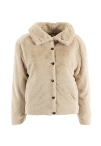 Chaqueta de piel sintética beige con collar, botones frontales y mangas largas. Textura suave con un ajuste ligeramente holgado.