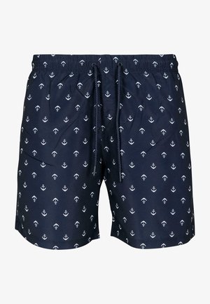 Granatowe szorty pływackie z białym wzorem kotwicy, z elastycznym pasem i sznurkiem do regulacji. Wykonane z lekkiego, gładkiego materiału.