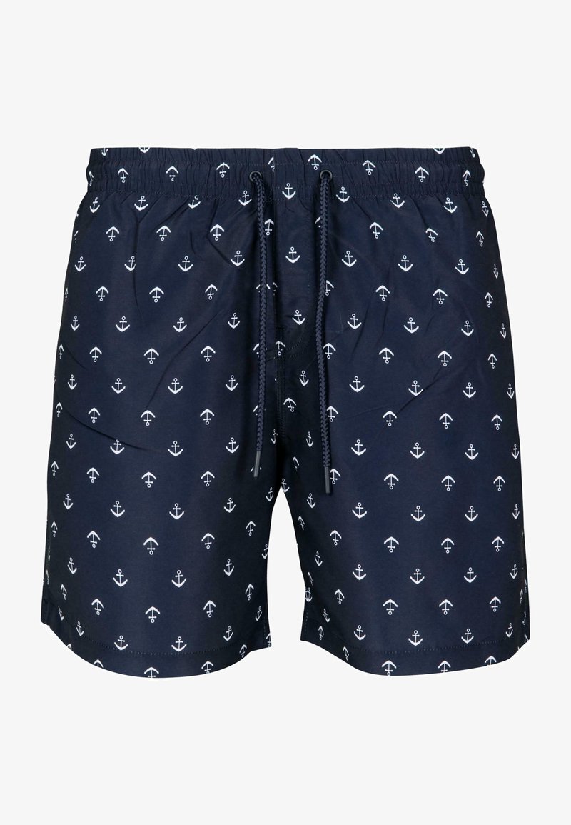 Tengerészkék úszónadrág fehér horgony mintával, rugalmas derékpánttal és húzózsinórral. Könnyű, sima anyagból készült.