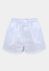 Μπλε και άσπρα ριγέ μποξεράκια από βαμβάκι με ελαστική μέση, με κουμπιά στο μπροστινό μέρος και πλαϊνές τσέπες.