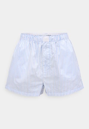 Kék-fehér csíkos, pamutból készült boxeralsó rugalmas derékpánttal, gombos sliccel és oldalzsebekkel.