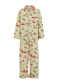 Beige barnpyjamas i set med knappar, dekorerad med färgglada julteman som aliens, raketer, UFO:n och andra julföremål.