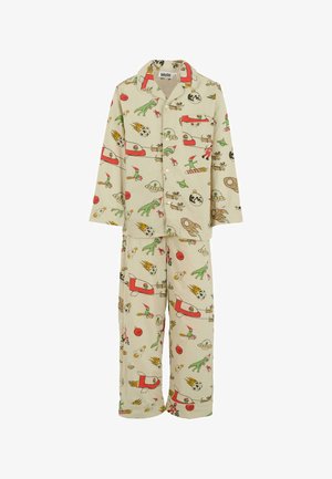 Beige kinder pyjama set met knopen, versierd met kleurrijke kerstthema aliens, raketten, UFO's en feestelijke voorwerpen.