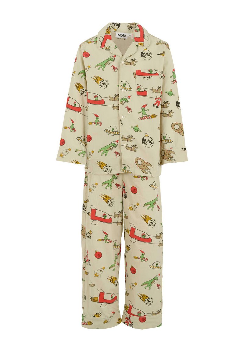 Beige barnpyjamas i set med knappar, dekorerad med färgglada julteman som aliens, raketer, UFO:n och andra julföremål.