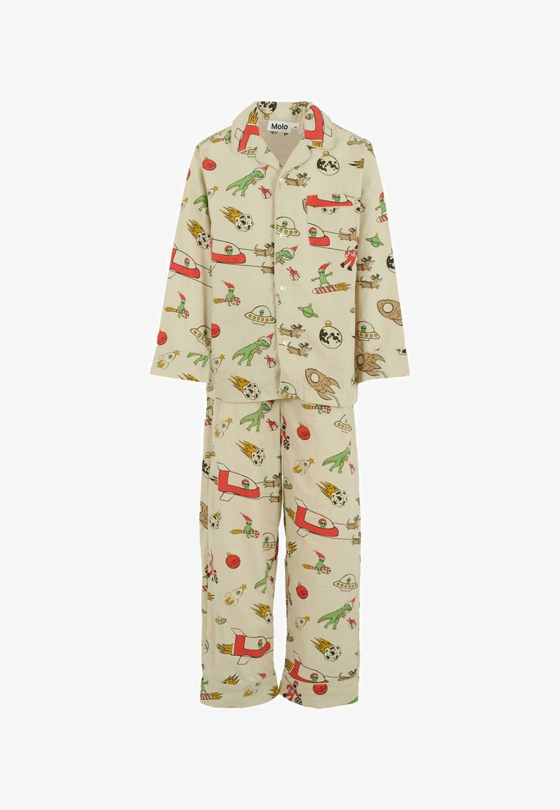 Beige barnpyjamas i set med knappar, dekorerad med färgglada julteman som aliens, raketer, UFO:n och andra julföremål.
