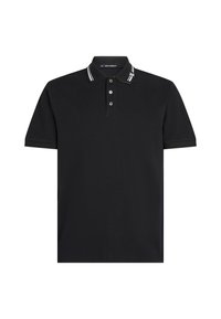 Černé polo tričko vyrobené z bavlny, s dvouknoflíkovým zapínáním, kontrastními bílými pruhy na límci, krátkými rukávy a běžným střihem.