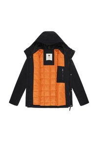 Black jacket with a hood, featuring an orange quilted interior, a label pocket, and a zippered chest pocket. Smooth exterior texture.