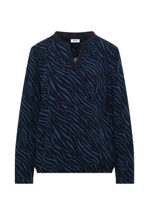 Top long à manches en marine avec un col en V et un ourlet élastique, présentant un motif rayé tigre bleu et une texture douce. Marque : CECIL.