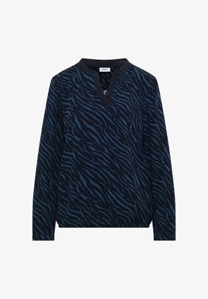 Top long à manches en marine avec un col en V et un ourlet élastique, présentant un motif rayé tigre bleu et une texture douce. Marque : CECIL.