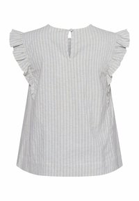 Lys grå top med lodrette blå striber, korte volangærmer og en nøglehulslukning på ryggen. Lavet af letvægtsstof.