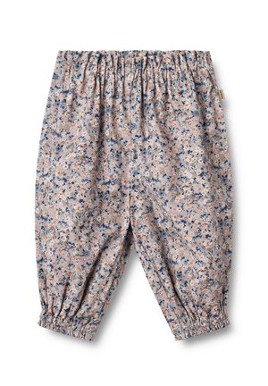 Pantalon ample pour enfant avec taille et ourlets élastiqués, présentant un motif floral dense dans des tons rose pâle, bleu et beige.