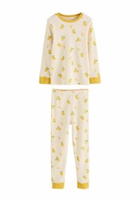 Geel en crèmekleurig pyjama set met lange mouwen en broek, met een citroenpatroon en gele accenten op de manchetten en de tailleband.