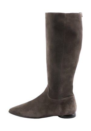 Knee-high, dark gray suede boots with a pointed toe, smooth texture, and a low, round heel. Seam detail along the back.