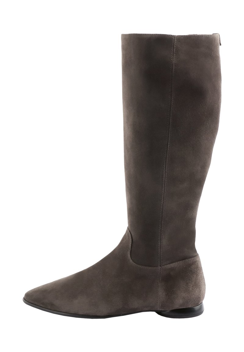 Bottes en suède gris foncé jusqu'aux genoux, avec un bout pointu, une texture lisse et un petit talon rond. Détails de couture le long de l'arrière.