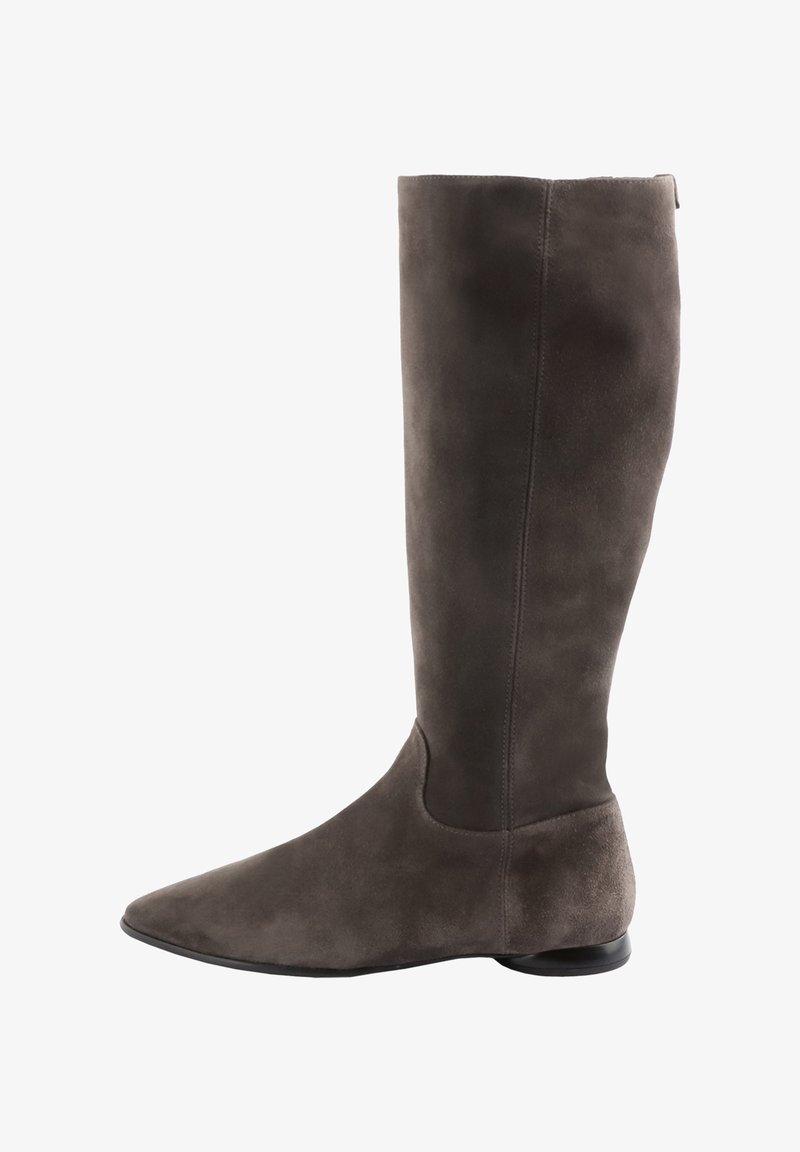 Knee-high, dark gray suede boots with a pointed toe, smooth texture, and a low, round heel. Seam detail along the back.