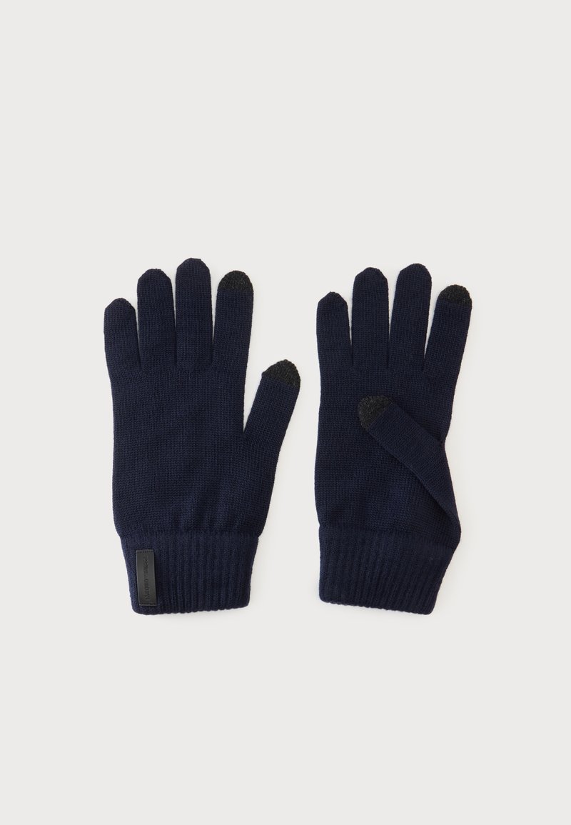 Paire de gants en tricot noirs avec poignets côtelés et bouts compatibles avec écran tactile sur les pouces et les index.