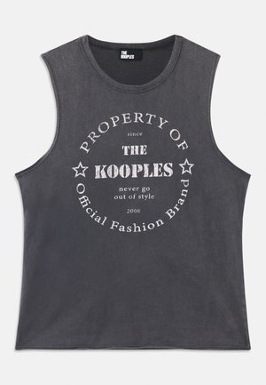 Dark gray sleeveless top featuring a circular white graphic print with text and stars. Cotton material with a soft texture.