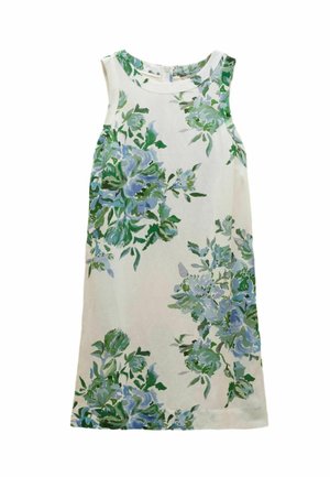 Sleeveless off-white dress with large blue and green floral patterns, round neckline, and back zipper closure.
