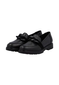 Mocassins en cuir noir avec des semelles épaisses et un détail de chaîne tordue sur le dessus, présentés sur un fond blanc.