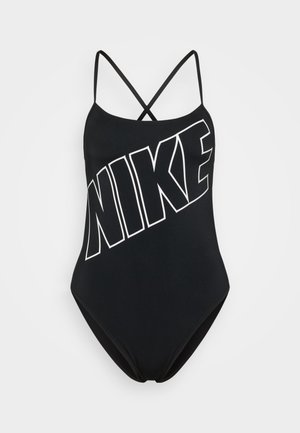 Mustat yksiosaiset uimahousut, joissa on ohuet ristikkäiset hihnat. Etuosassa on suuri valkoinen "NIKE" -logo vinosti. Silkkinen pinta.